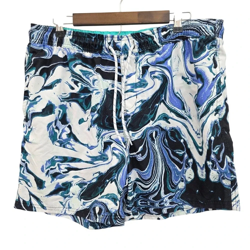 Mens L Blue Marble‎ Swim Trunks Quick-Dry Abstract Print Board Shorts Beach
